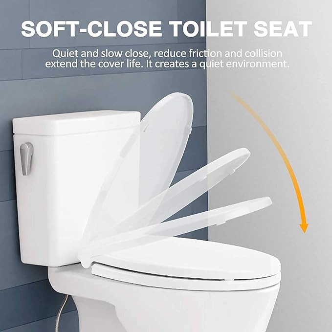 Round Toilet Seat Slow Quiet Close Seat Cover Fit Standard Round Toilet White Toilet Seat with Metal Inserts Easy to Install, Non-slip Seat with Rubber Bumpers Provides Comfort Relieves Pressure Point