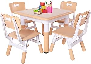 FUNLIO Kids Table and 4 Chairs Set, Height Adjustable Toddler Table and Chair Set for Ages 3-8, Easy to Wipe Arts & Crafts Table, for Classrooms/Daycares/Homes, CPC & CE Approved (5-Piece Set)