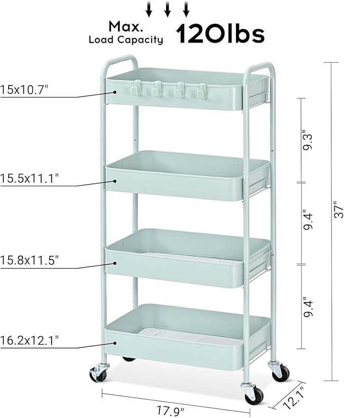 TOOLF 4-Tier Rolling Cart, Metal Utility Cart with Lockable Wheels, Storage Craft Organizer Trolley Easy Assembly for Office, Bathroom, Kitchen, Kids' Room, Classroom, Green