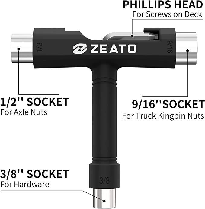 Zeato All-In-One Skate Tools Multi-function Portable Skateboard T Tool Accessory with T-type Allen Key and L-type Phillips Head Wrench Screwdriver
