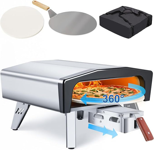 MELLCOM 20" Portable Outdoor Propane Pizza Oven, 360° Auto-Rotating With Cover Bag, Peel, 14" Pull-Out Stone, for Camping, Backyard and Party