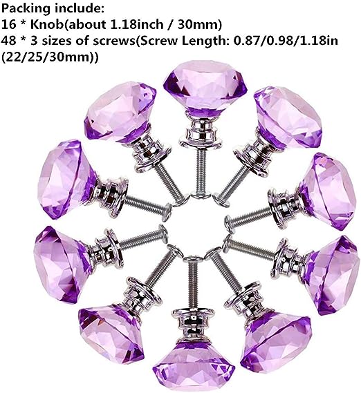 16 Pack Crystal Cabinet Knobs 40mm for Cabinets Glass Diamond Knobs and Pulls for Dresser Drawers Cupboard Wardrobe, Purple