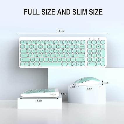 SurnQiee Wireless Keyboard and Mouse Combo, 2.4G Slim Ergonomic Quiet Keyboard and Mouse with Round Keys for Windows, Laptop, PC, Notebook, Non-Mute (Cyan)