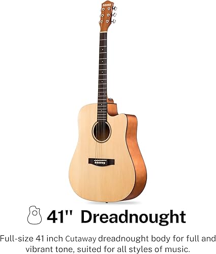 Donner Beginner Acoustic Guitar for Adult Full Size 41 Inch Cutaway Acoustique Guitare Bundle Kit with Gig Bag Tuner Capo Pickguard String Strap Picks Cloth, Right Hand, Natural, DAD-140C