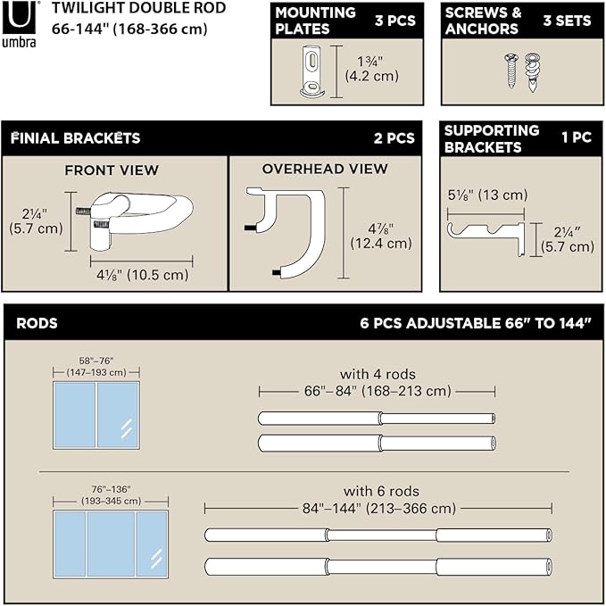 Umbra Twilight Double Curtain Rod Set ? Wrap Around Design Ideal for Blackout or Room Darkening Panels, 66 to 144 Inches, Nickel 63570