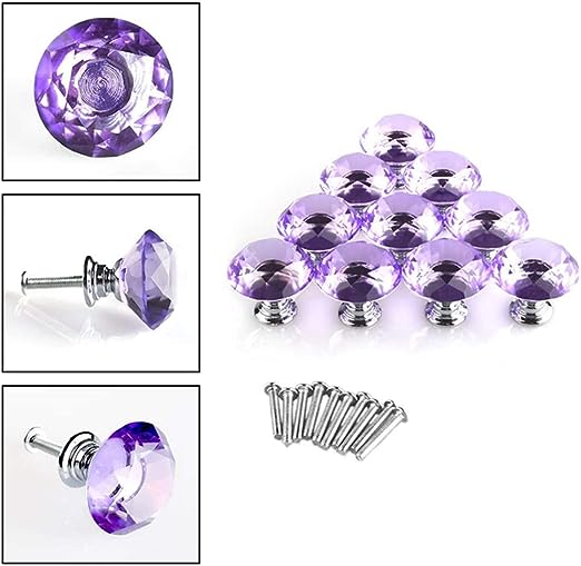 16 Pack Crystal Cabinet Knobs 40mm for Cabinets Glass Diamond Knobs and Pulls for Dresser Drawers Cupboard Wardrobe, Purple
