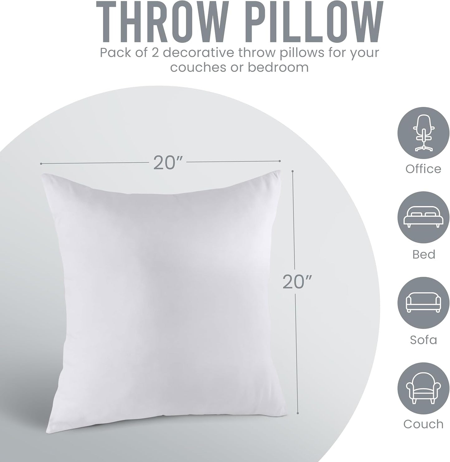 Bedding Throw Pillows Insert (Pack of 2, White) - 20 x 20 Inches