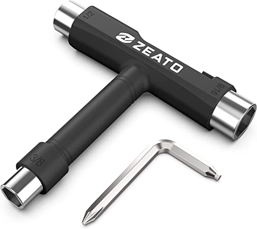 Zeato All-In-One Skate Tools Multi-function Portable Skateboard T Tool Accessory with T-type Allen Key and L-type Phillips Head Wrench Screwdriver