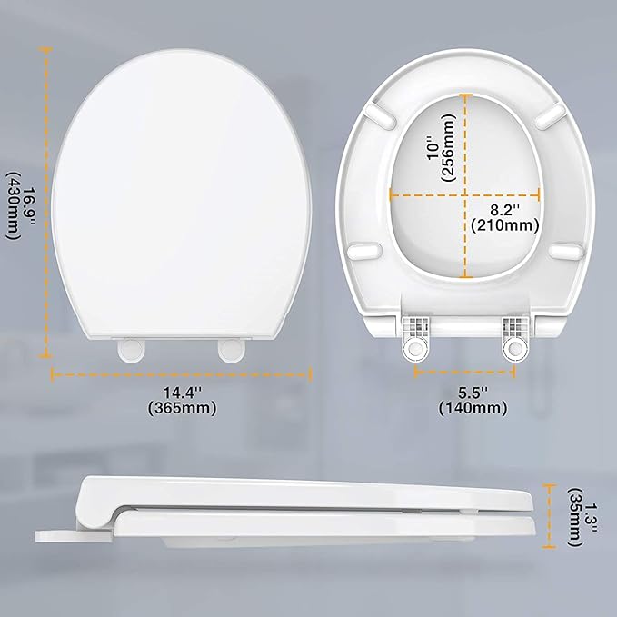 Round Toilet Seat Slow Quiet Close Seat Cover Fit Standard Round Toilet White Toilet Seat with Metal Inserts Easy to Install, Non-slip Seat with Rubber Bumpers Provides Comfort Relieves Pressure Point