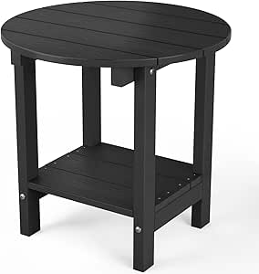 MXIMU Round Outdoor Side Table Adirondack 18 Inch Plastic Patio Side Table Outdoor End Table for Patio Balcony Backyard Lawn Pool, with 2-Tier Storage Shelves (Black, 1 Pack)