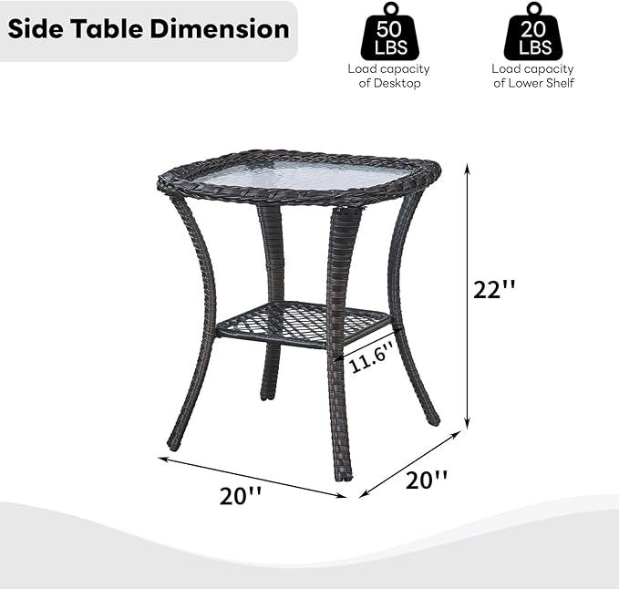 Belord Rattan Patio Side Table, 2 Tier Hand Woven Wicker Bistro Table, 5 mm Frost Glass Top Square Table, Brown Wicker