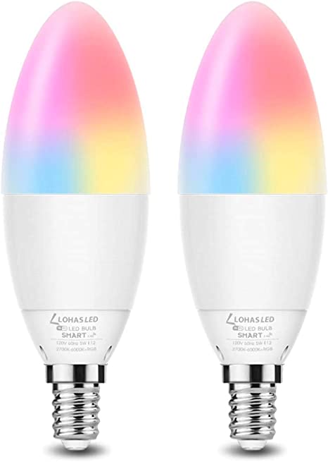 LOHAS WIFI LED Light Bulb, Smart Candelabra LED, Dimmable E12 Decorative Candle Light Bulb, 40W Equivalent Ambiance Light, Color Changing Chandelier Lighting, Work with Alexa, No Hub Required, 2 Pack