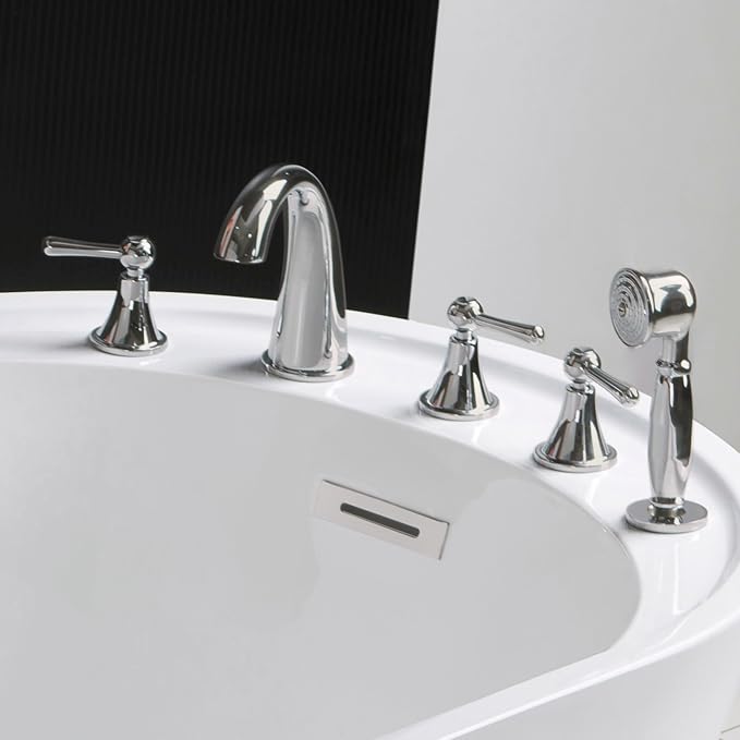 Woodbridge F-0022 BN Bathroom 5-Hole Tub Hand Shower,Deck Mounted Bathtub Filler Faucet with 3 Handles, Brushed Nickel