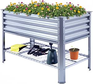 Raised Garden Bed with Legs Galvanized High Raised Garden Boxes Outdoor Planter Box for Vegetables Flowers Herb Balcony Backyard (4x2x2.6 FT/120x60x80 CM, Metal, with Bottom Plate)
