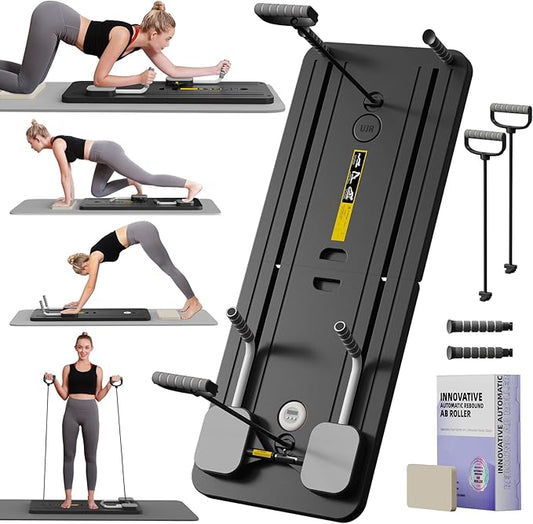 Foldable Pilates Reformer Ab Machine with Automatic Rebound Function for Home Gym - Core & Abdominal Strength Training Equipment with Knee Pad - Ab Core Trainer, Push-Up Board