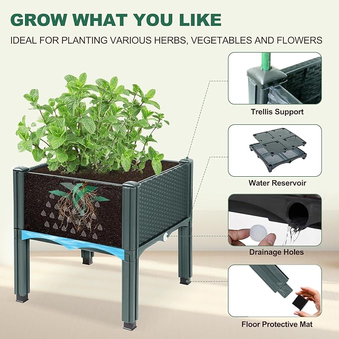 Plastic Raised Garden Bed Kit, Self Watering Planters Box with Gloves for Vegetables, Flowers, Herbs Grow, Elevated Planting Container with Legs for Indoor and Outdoor Use, Grey
