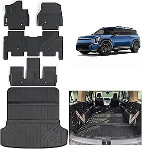 WAYIDSS Floor Mats & Large Trunk Mat for 2024 KIA EV9 6-seats version?Not Fit for 7-seats?, TPE All Weather Protection 3 Rows Full Set Car Floor Liners with Cargo Liners (Full coverage foldable)-Black