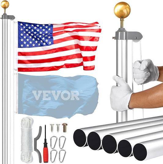 VEVOR 20FT Detachable Flagpole Kit, Heavy Duty Aluminum Alloy Flag Pole Kit in Ground for Outdoor, 3 Display Modes Flagpole with Professional Accessories, Silver