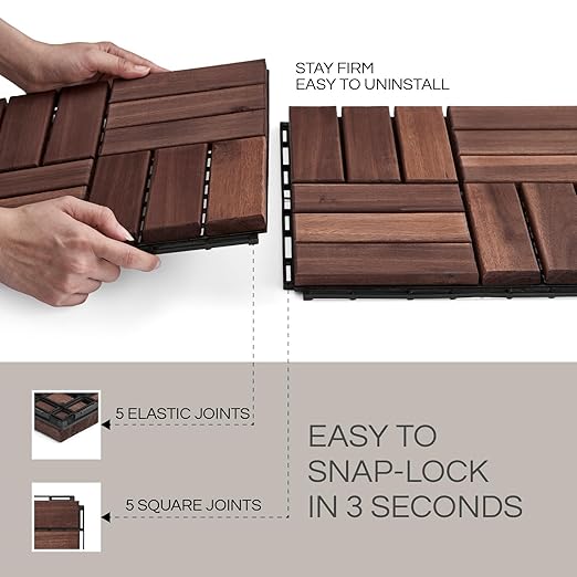 10 Pcs Premium Deck Tiles, Interlocking Deck Tile, Wooden Patio Flooring Outdoor Waterproof, Acacia Wood Decking All Weather for Balcony, Indoor and Outdoor Use (Dark Brown, Square Joints)