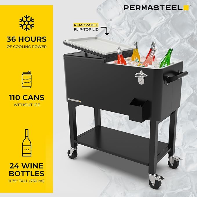 Permasteel 80-Qt Classic Outdoor Patio Cooler for Outside, Outdoor Beverage Cooler Bar Cart, Rolling Cooler with Wheels & Handles, Retro Design, Black 63517