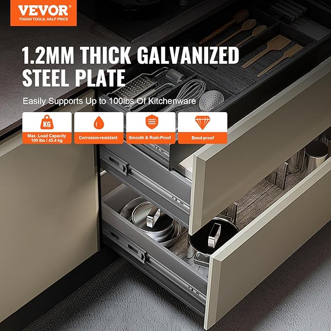 VEVOR 6 Pairs of 22 Inch Drawer Bottom Side Mount Rails, Heavy Duty Full Ball Bearing Extension Steel Track, Soft-Close Noiseless Guide Glides Cabinet Kitchen Runners with Locking Mechanism, 100 Lbs