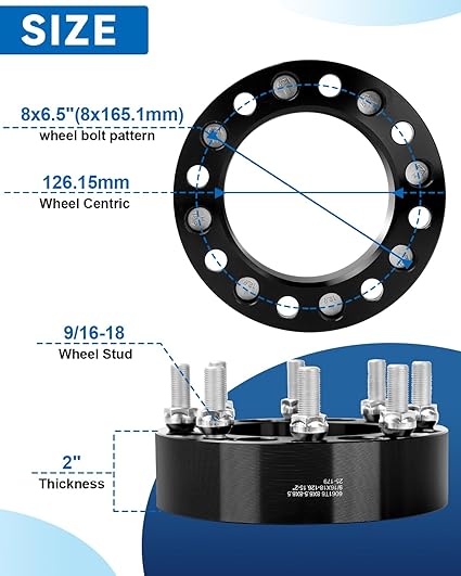 EZISOE 4 pcs 8x6.5 Wheel Spacers for 1994-2011 Ram 2500 3500, 1988-1998 F-250 F-350, 2 Inch 8x165.1 Wheel spacers 126.15mm Hub Bore with 9/16-18 Studs
