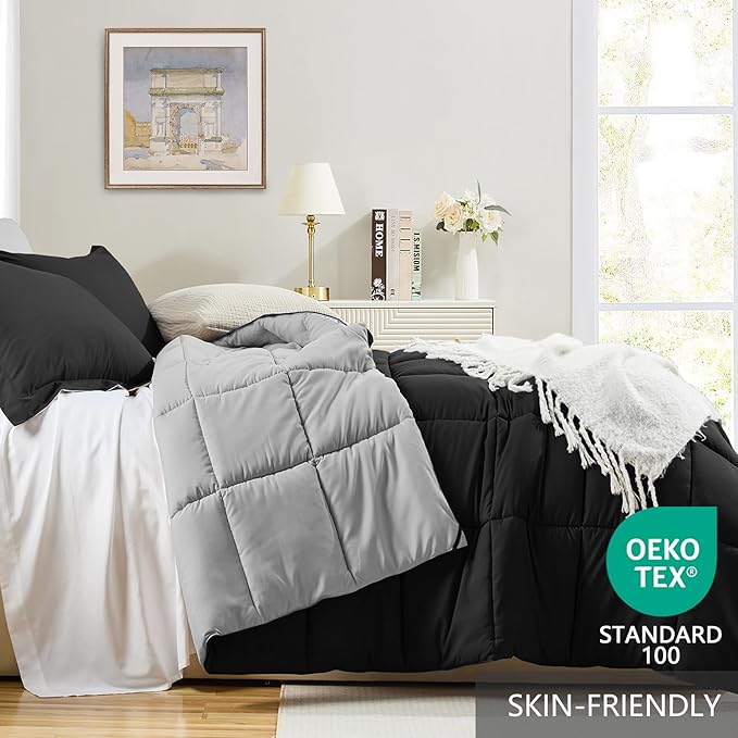 Homelike Moment King Size Comforter Set Black, Comforter Sets King Size Bed, Lightweight Soft Down Alternative Comforters Reversible All Season 3 Piece Bedding Set with 2 Shams Black/Light Grey