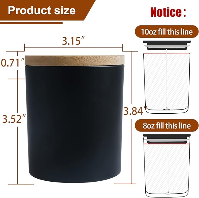 CONNOO 12 Pack 10 OZ Matte Black Glass Candle Jars for Making Candles with Airtight Bamboo Lids Nice Sticky Warning Labels for Candle Making Empty Container Bulk - Dishwasher Safe