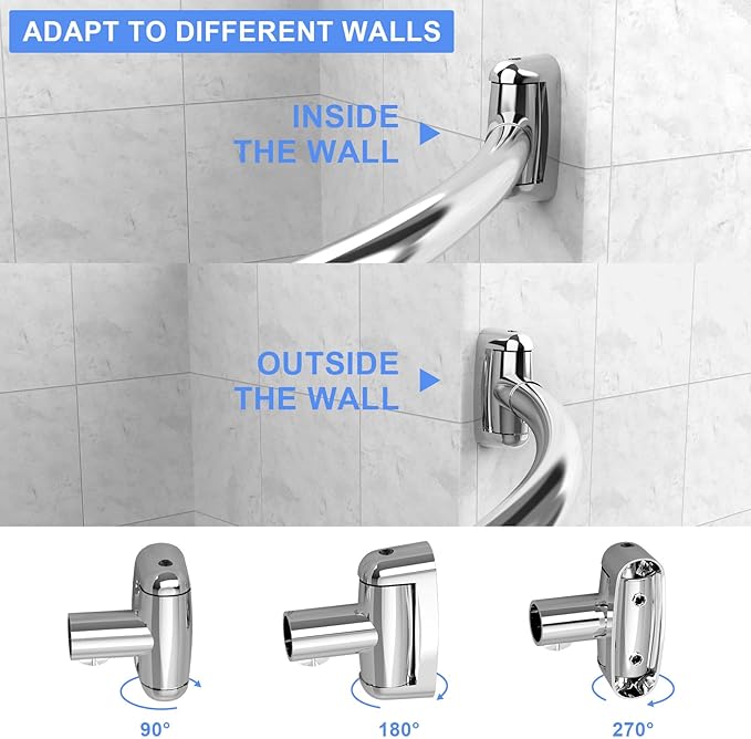 Curtain Rod, 45-72 Inches Adjustable Curved Shower Rod, Rustproof Round Never Fall Shower Rods for Bathroom, Telescoping Design, Need to Drill, Silver