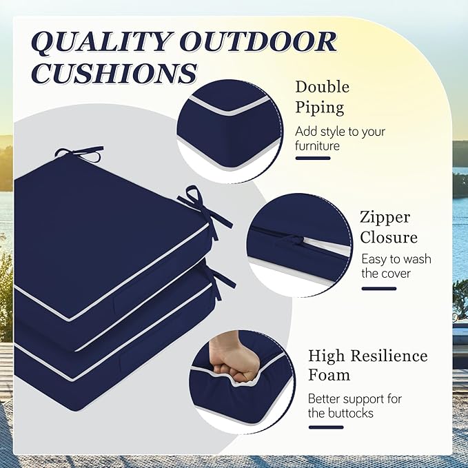 downluxe Outdoor Chair Cushions Set of 4 for Patio Furniture, Waterproof Tufted Overstuffed Patio Furniture Cushions, Memory Foam Outdoor Seat Cushion, 18" X 18" X 4", Navy
