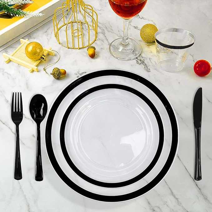 350Pcs Plastic Dinnerware Set, Disposable Dinnerware Party Set for 50 Guests, Include 50 Dinner Plates, 50 Dessert Plates, 50 Cups, 50 Napkins, 50 Spoons, Forks and Knives(Black)