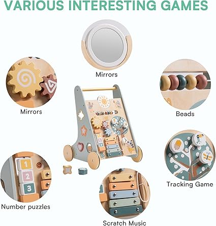 ROBOTIME Wooden Baby Walker, Wooden Push Walker with Wheels, Push Toys for Babies Learning to Walk, Baby Walkers Activity Center for Boys and Girls