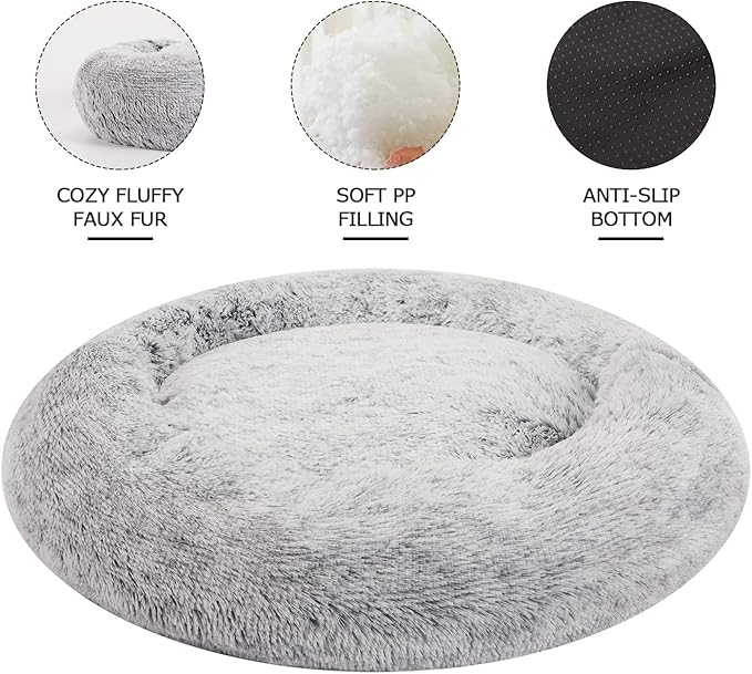 Bedfolks Calming Donut Dog Bed for Extra Large Dogs, 45 Inch Round Plush Bed with Non-Slip Bottom (Dark Grey, Extra Large)