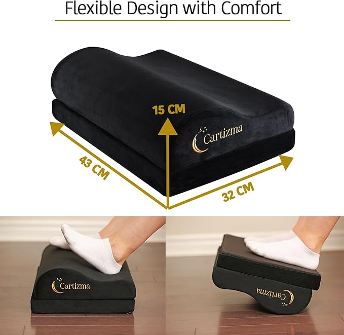 Cartizma Ergonomic Foot Rest for Under Desk at Work - Wavy Shaped for Heel Support, Memory Foam, Anti-Slip, Washable Cover - Office & Gaming Footrest, Back & Leg Pain Relief, Desk Foot Stool (black)