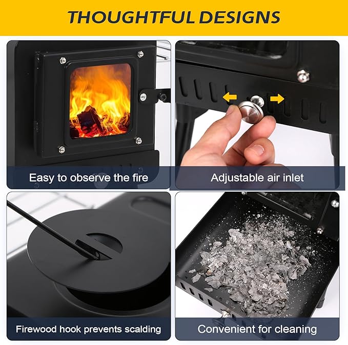 KUNGKA Black Wood Burning Tent Stove with 7 Section Stainless Steel Chimney Pipes, Portable Hot Tent Stove for Camping, Hunting, Ice Fishing