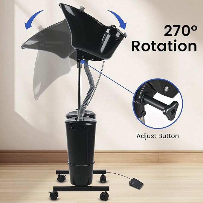 Portable Shampoo Bowl Height Adjustable Hair Washing Station with Electric Pump Dual-Bucket Portable Shampoo Sink with Sprayer for Home Salon Barber Use (Black)