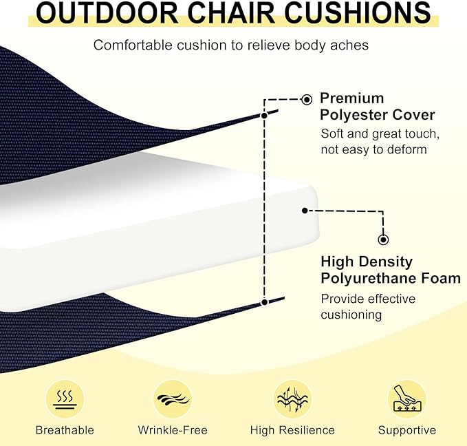 downluxe Outdoor Chair Cushions Set of 4 for Patio Furniture, Waterproof Tufted Overstuffed Patio Furniture Cushions, Memory Foam Outdoor Seat Cushion, 18" X 18" X 4", Navy