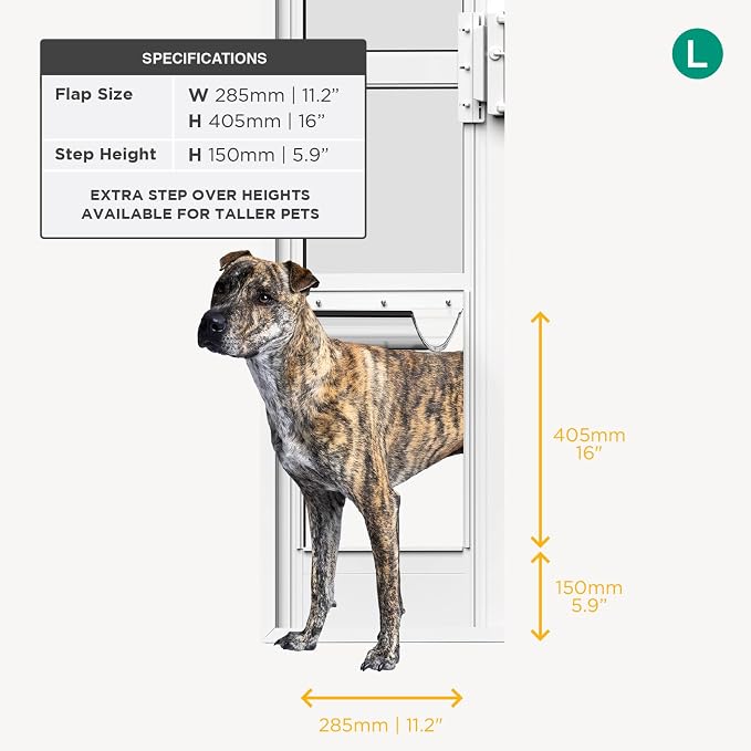Hakuna Pets White Glass Patio Pet Door for Sliding Glass Doors, Large | Adjustable Height 77.2” – 83.5”, Damage-Free or Permanent Installation, Durable Aluminum Frame, Locking Panel Included