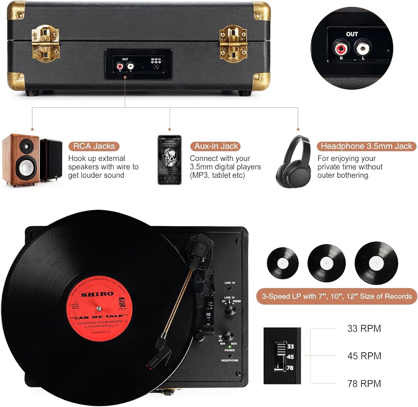 Record Player 3-Speed Bluetooth Suitcase Portable Belt-Driven Vinyl Record Player