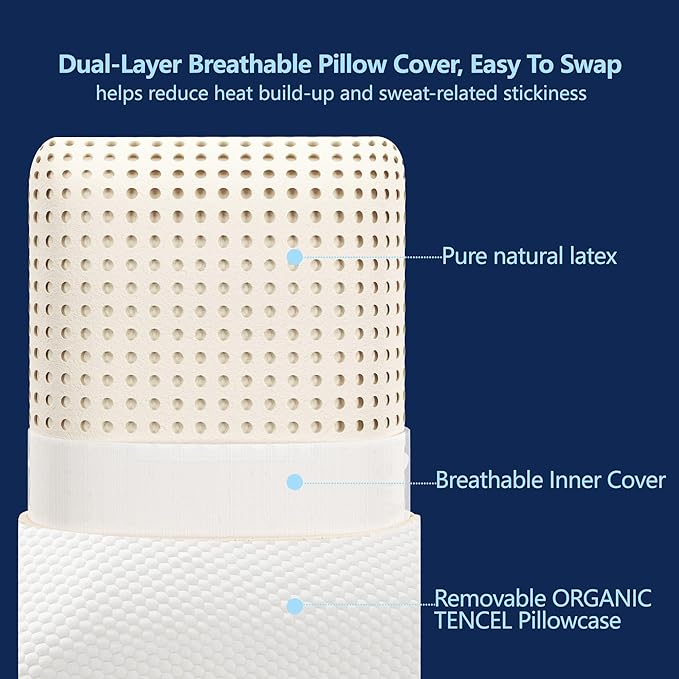 Talalay 100% Natural Premium Latex Pillow, Helps Relieve Pressure, Perfect Package Best Gift with Removable Tencel Cover (Queen (1 Pack)