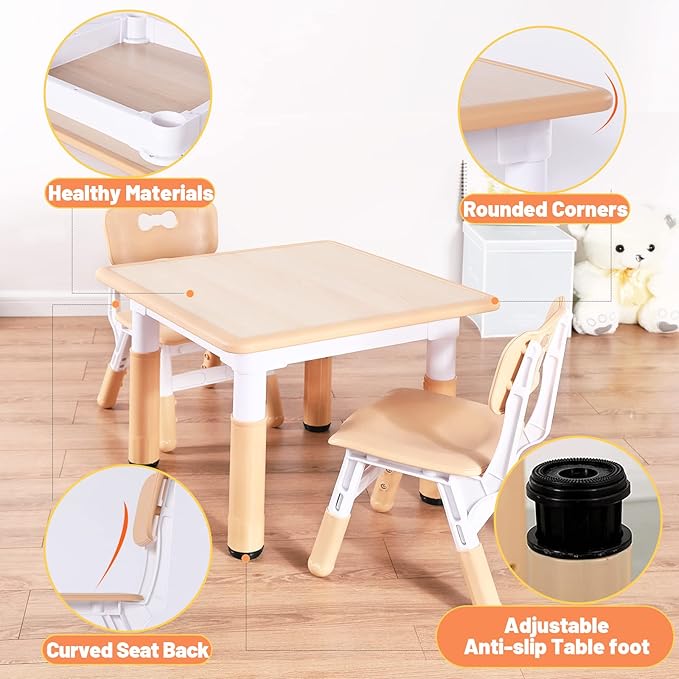 FUNLIO Kids Table and 4 Chairs Set, Height Adjustable Toddler Table and Chair Set for Ages 3-8, Easy to Wipe Arts & Crafts Table, for Classrooms/Daycares/Homes, CPC & CE Approved (5-Piece Set)