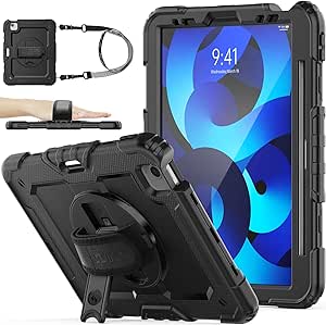 SEYMAC stock Case for iPad Air 5th/4th Gen with Screen Protector, Pencil Holder [360 Rotating Hand Strap] &Stand, Drop-Proof Case, Black