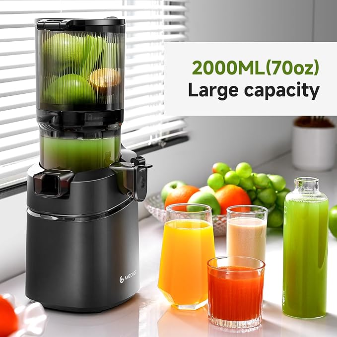 AMZCHEF Cold Press Juicer, 5.8" Self-Feeding Juicer Machines for Whole vegetable & fruit, Masticating Juicers Easy to Clean, High Juice Yield, Large Auger, Triple Strainers - Black