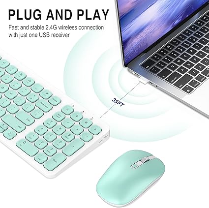 SurnQiee Wireless Keyboard and Mouse Combo, 2.4G Slim Ergonomic Quiet Keyboard and Mouse with Round Keys for Windows, Laptop, PC, Notebook, Non-Mute (Cyan)