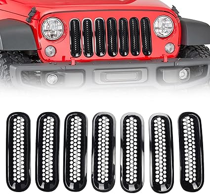 Clip-In Front Grille Inserts for Jeep Wrangler JK JKU 2007-2018 Glossy Black Mesh Grill Cover Guard Accessories (Pack of 7)