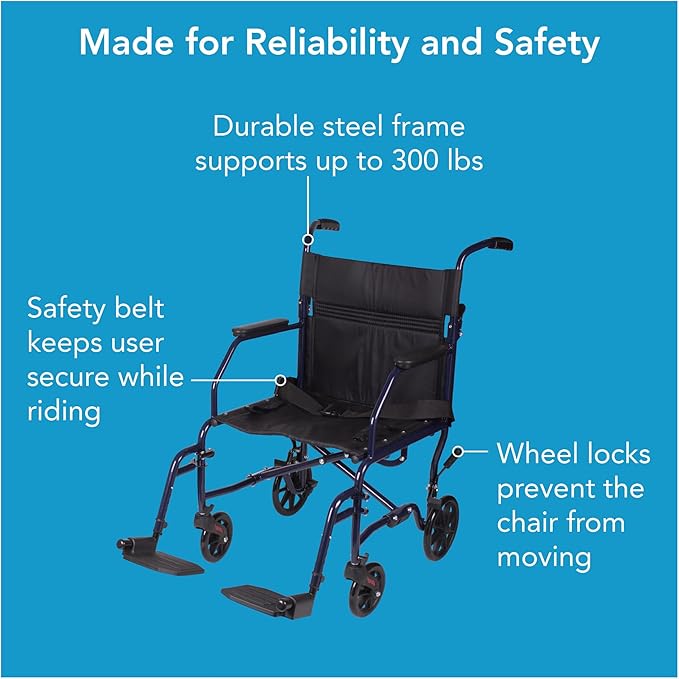 Carex Transport Wheelchair, Rolling Transport Wheelchair with 19-Inch Seat and Swing-away Footrest, Easy Folding for Compact Storage and Transportation, Supports up to 300 lbs with Padded Armrests and Seat Belt