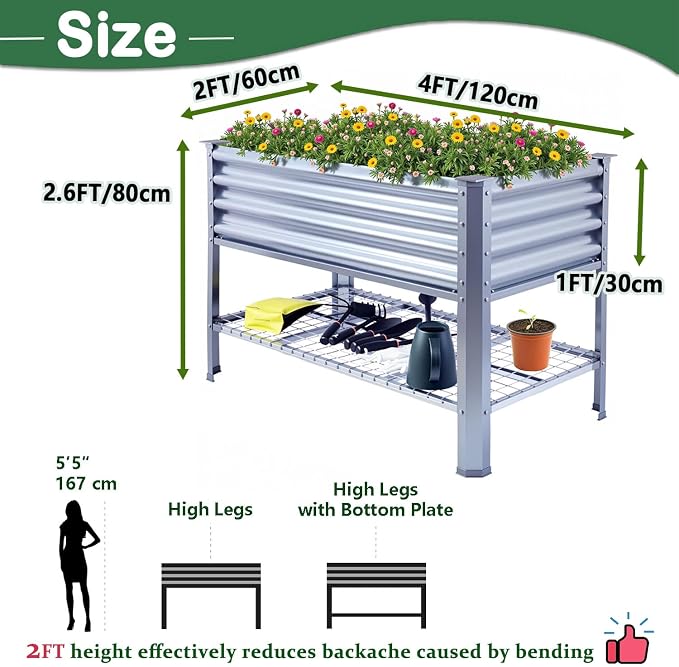 Raised Garden Bed with Legs Galvanized High Raised Garden Boxes Outdoor Planter Box for Vegetables Flowers Herb Balcony Backyard (4x2x2.6 FT/120x60x80 CM, Metal, with Bottom Plate)
