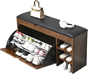 Homeiz 3-Tier Shoe Rack Bench: 110 CM Wide Shoe Storage Bench Features Roll Out Rack, Comfortable Black Faux Leather Seat, with Spacious Sock Compartment, Shoe Bench for The Entryway (NPSR87)