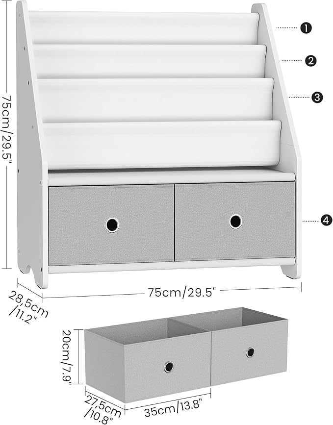 CHOEZON Kids Bookshelf and Toy Storage, 4 Tier Large Capacity Toddler Bookshelf, Sling Kids Bookcase, for Kids Room, Nursery, Playroom, White and Gray MCW06WT