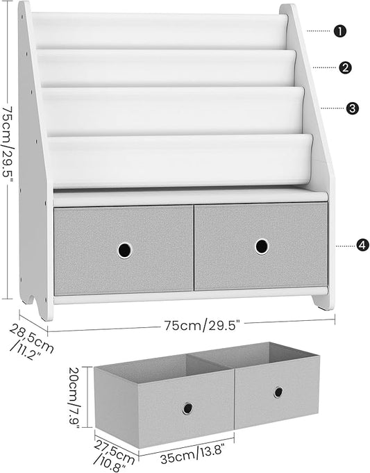CHOEZON Kids Bookshelf and Toy Storage, 4 Tier Large Capacity Toddler Bookshelf, Sling Kids Bookcase, for Kids Room, Nursery, Playroom, White and Gray MCW06WT